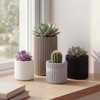 Noa Modern Minimalist Handmade Concrete Fluted Cylinder Planter Set
