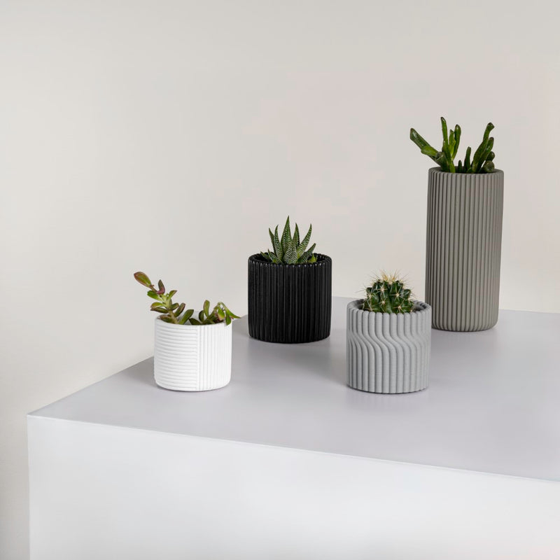 Noa Modern Minimalist Handmade Concrete Fluted Cylinder Planter Set