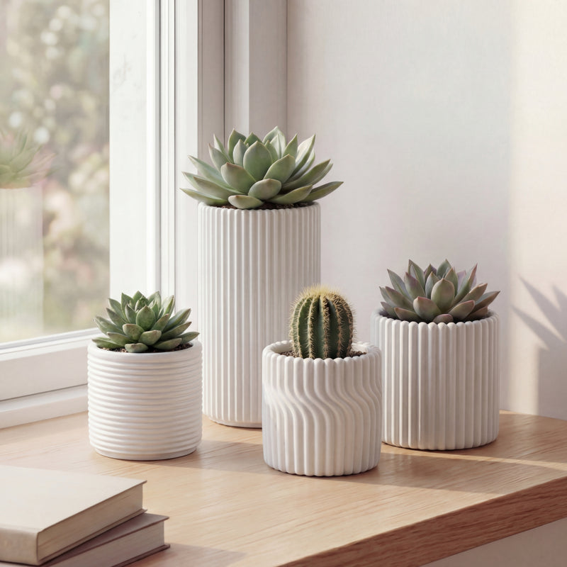 Noa Modern Minimalist Handmade Concrete Fluted Cylinder Planter Set