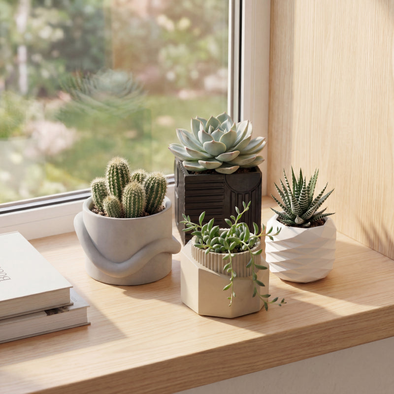 Romy Modern Minimalist Handmade Concrete Geometric Planter Set with Drainage Holes