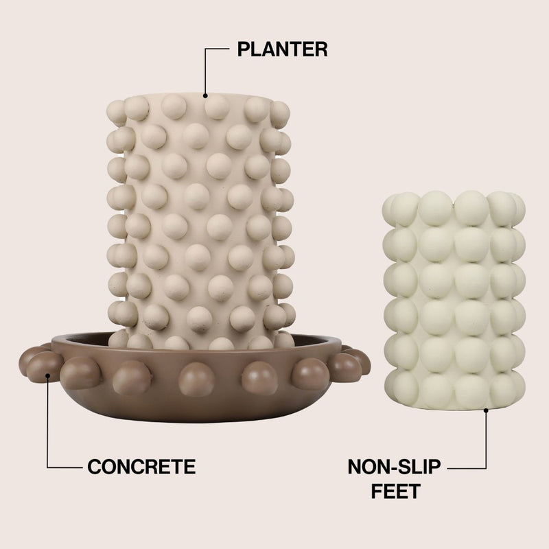Petra Modern Minimalist Handmade Concrete Bubble Cylinder Vase Set with Decorative Tray