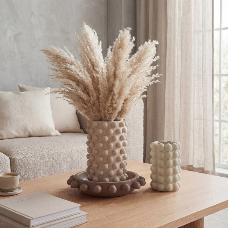 Petra Modern Minimalist Handmade Concrete Bubble Cylinder Vase Set with Decorative Tray