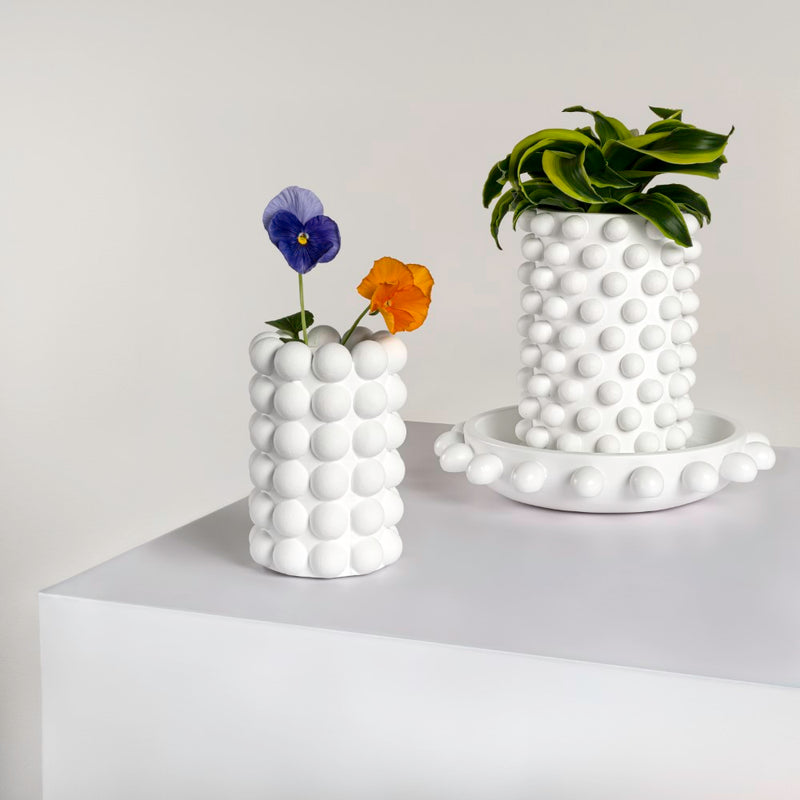 Petra Modern Minimalist Handmade Concrete Bubble Cylinder Vase Set with Decorative Tray