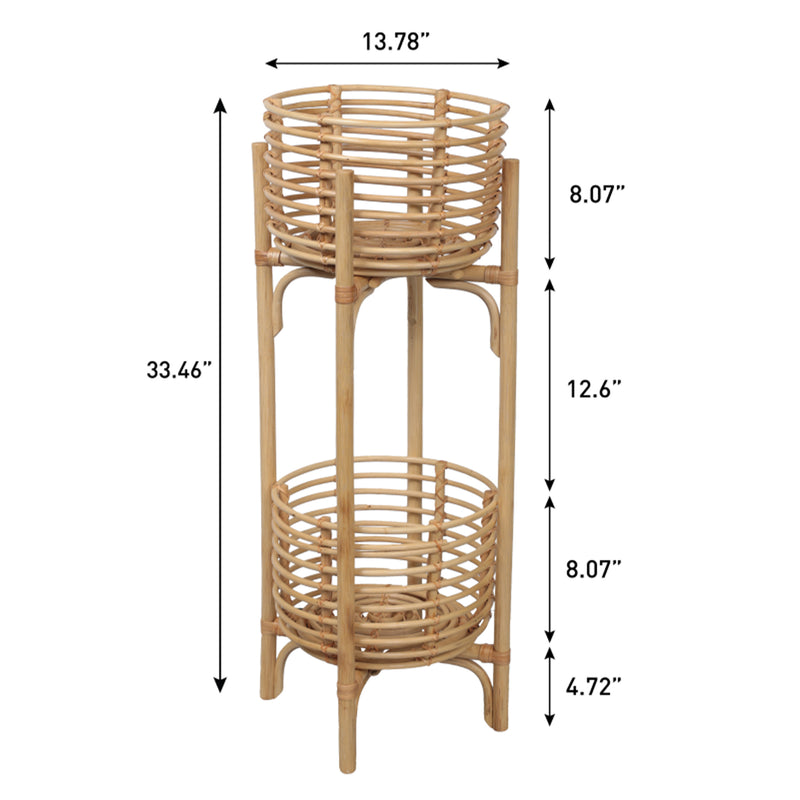 Zachariah 33.5" Bohemian Minimalist Handmade 2-Tier Rattan Indoor Planter Stand