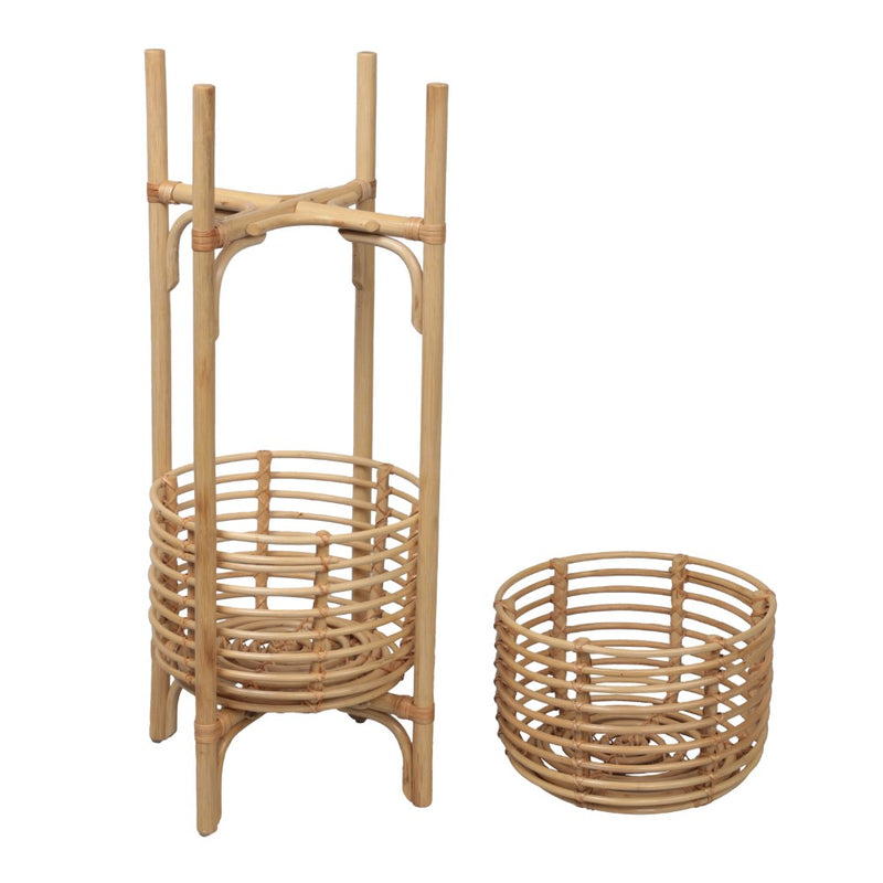 Zachariah 33.5" Bohemian Minimalist Handmade 2-Tier Rattan Indoor Planter Stand