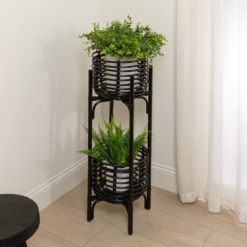 Zachariah 33.5" Bohemian Minimalist Handmade 2-Tier Rattan Indoor Planter Stand