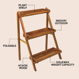 Joy 26.5"W x 22"D x 36"H 3-Tier Acacia Wood Indoor/Outdoor Foldable Compact Freestanding Ladder Plant Stand Display Rack Shelf