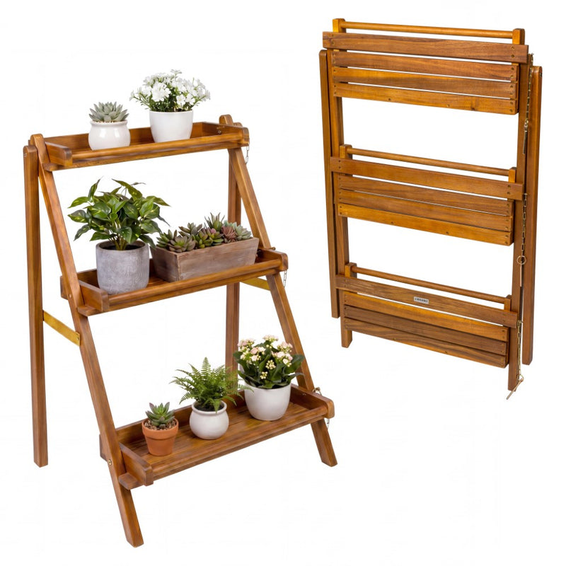 Joy 26.5"W x 22"D x 36"H 3-Tier Acacia Wood Indoor/Outdoor Foldable Compact Freestanding Ladder Plant Stand Display Rack Shelf