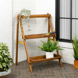 Joy 26.5"W x 22"D x 36"H 3-Tier Acacia Wood Indoor/Outdoor Foldable Compact Freestanding Ladder Plant Stand Display Rack Shelf