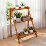 Joy 26.5"W x 22"D x 36"H 3-Tier Acacia Wood Indoor/Outdoor Foldable Compact Freestanding Ladder Plant Stand Display Rack Shelf