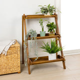 Joy 26.5"W x 22"D x 36"H 3-Tier Acacia Wood Indoor/Outdoor Foldable Compact Freestanding Ladder Plant Stand Display Rack Shelf