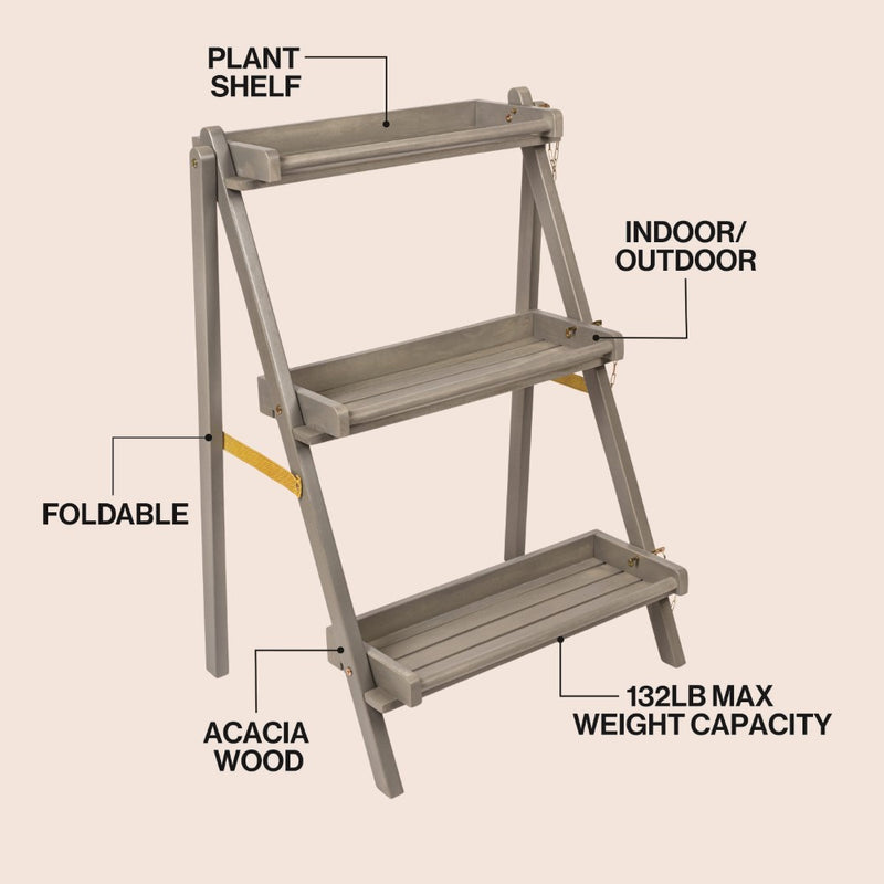 Joy 26.5"W x 22"D x 36"H 3-Tier Acacia Wood Indoor/Outdoor Foldable Compact Freestanding Ladder Plant Stand Display Rack Shelf