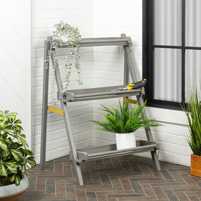 Joy 26.5"W x 22"D x 36"H 3-Tier Acacia Wood Indoor/Outdoor Foldable Compact Freestanding Ladder Plant Stand Display Rack Shelf