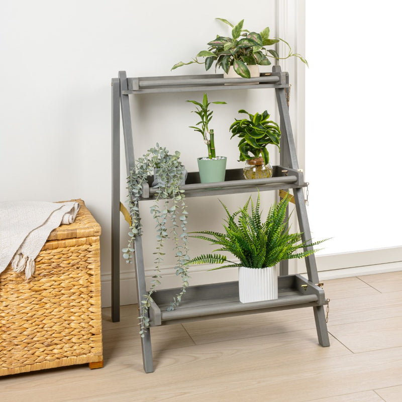Joy 26.5"W x 22"D x 36"H 3-Tier Acacia Wood Indoor/Outdoor Foldable Compact Freestanding Ladder Plant Stand Display Rack Shelf