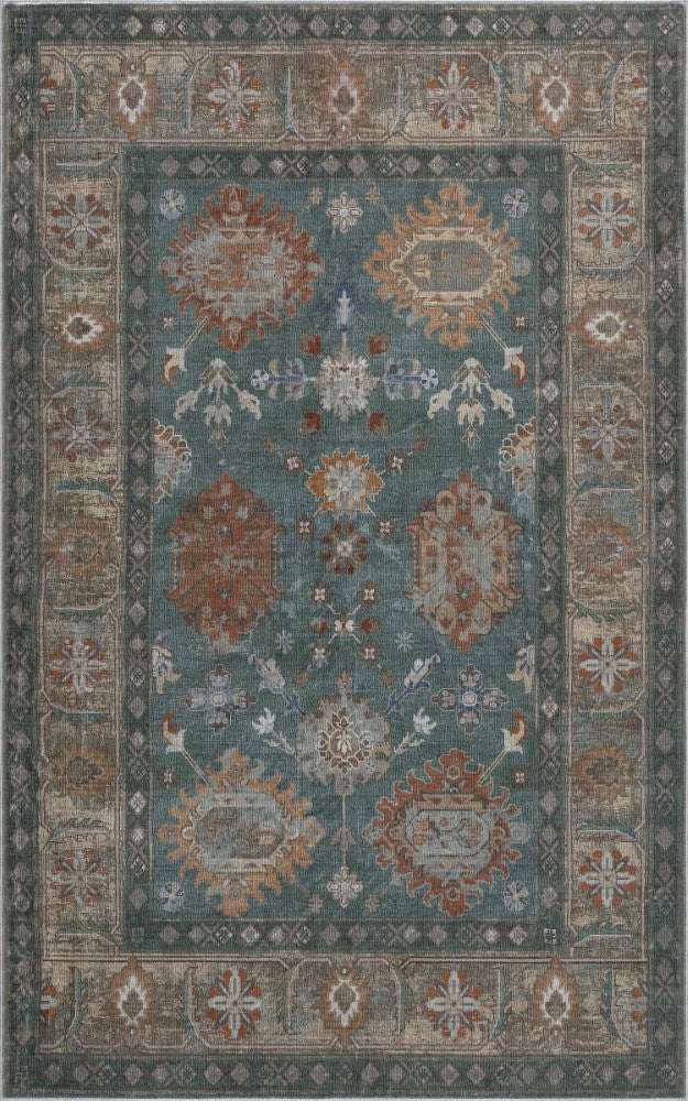 Kisara Oushak Style Distressed Border Non-slip Machine-washable Area Rug