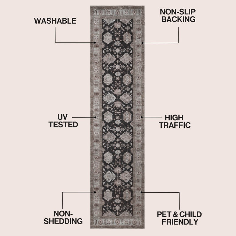 Kisara Oushak Style Distressed Border Non-slip Machine-washable Area Rug
