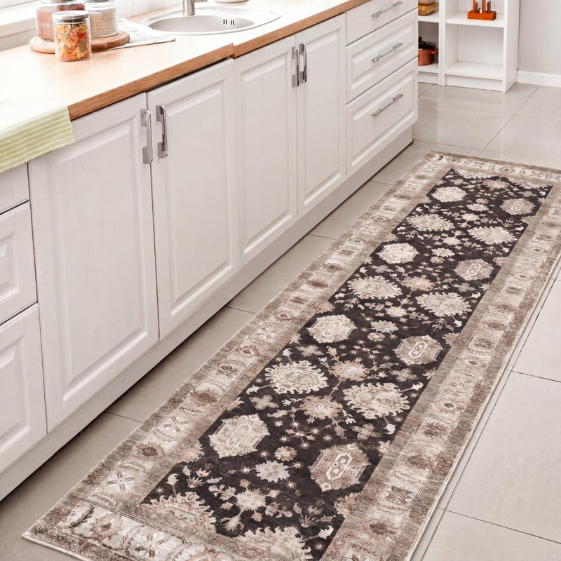 Kisara Oushak Style Distressed Border Non-slip Machine-washable Area Rug