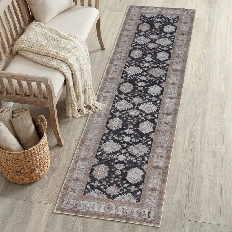 Kisara Oushak Style Distressed Border Non-slip Machine-washable Area Rug