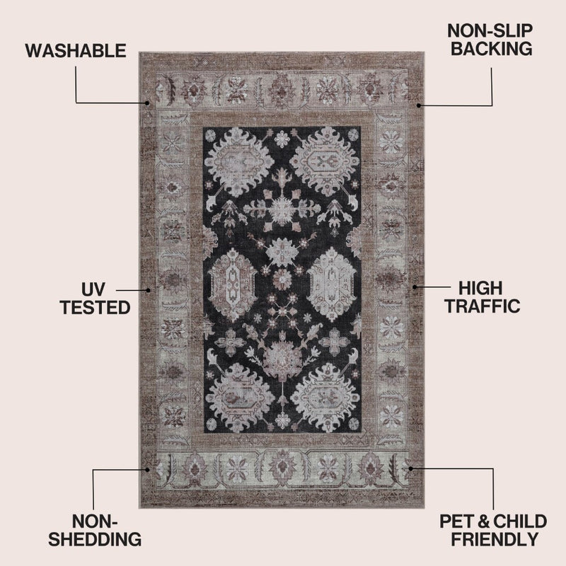 Kisara Oushak Style Distressed Border Non-slip Machine-washable Area Rug