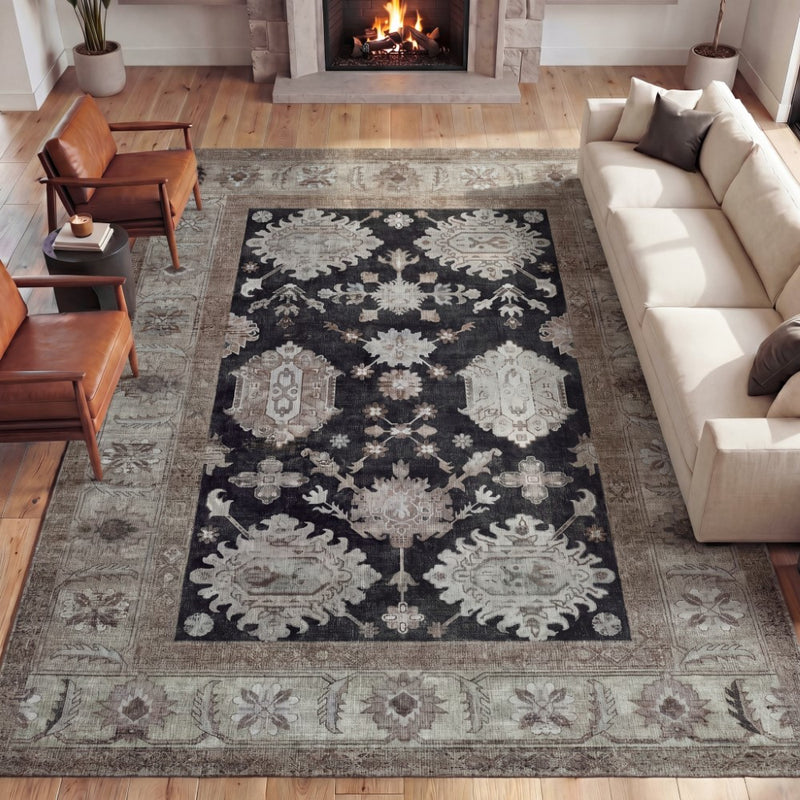 Kisara Oushak Style Distressed Border Non-slip Machine-washable Area Rug