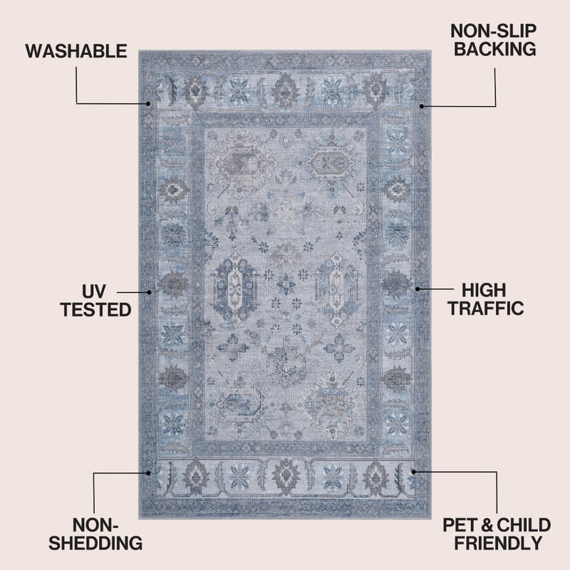 Kisara Oushak Style Distressed Border Non-slip Machine-washable Area Rug