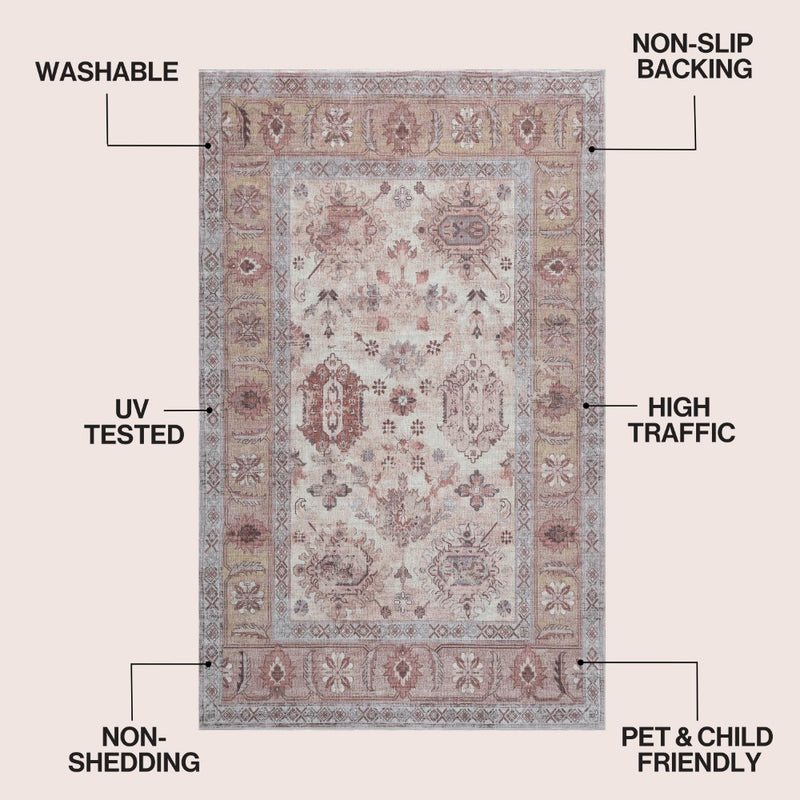 Kisara Oushak Style Distressed Border Non-slip Machine-washable Area Rug