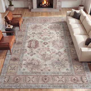 Kisara Oushak Style Distressed Border Non-slip Machine-washable Area Rug