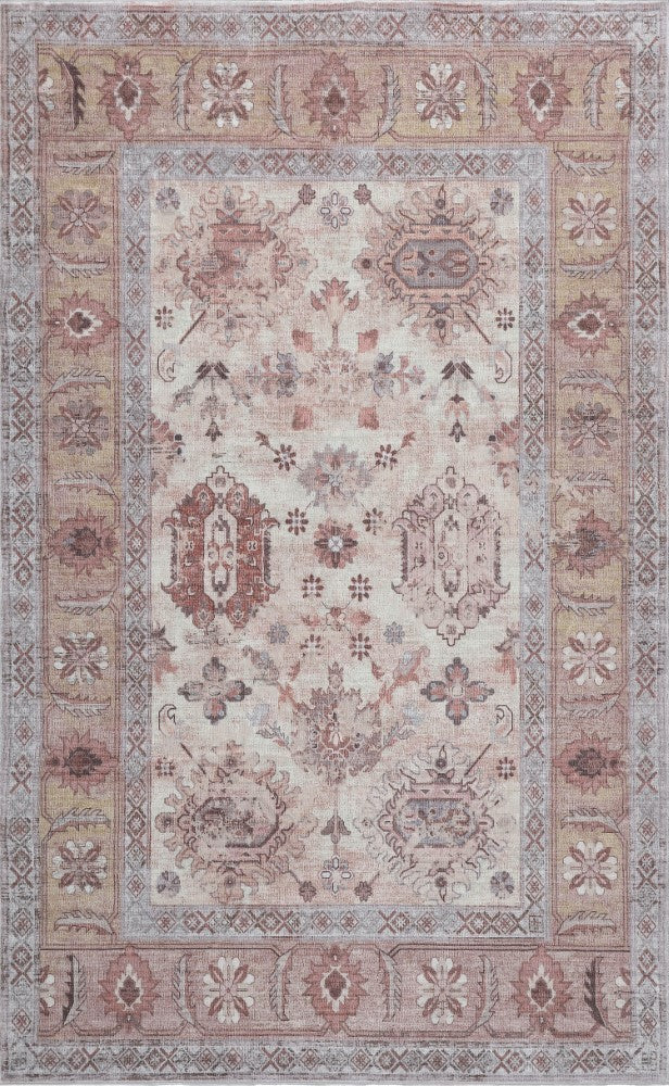 Kisara Oushak Style Distressed Border Non-slip Machine-washable Area Rug