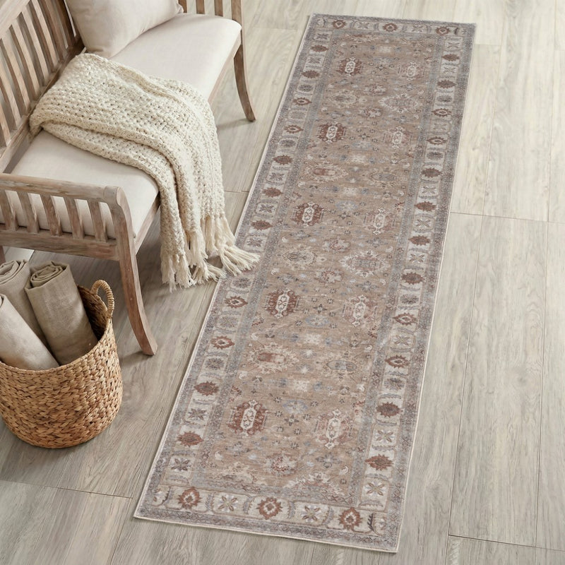 Kisara Oushak Style Distressed Border Non-slip Machine-washable Area Rug