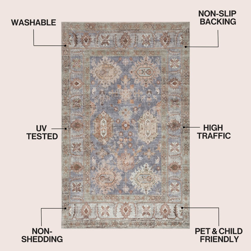 Kisara Oushak Style Distressed Border Non-slip Machine-washable Area Rug