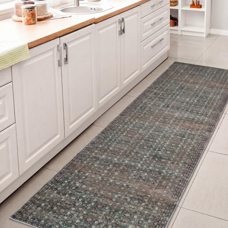 Petunia Distressed All-over Floral Border Non-slip Machine-washable Area Rug