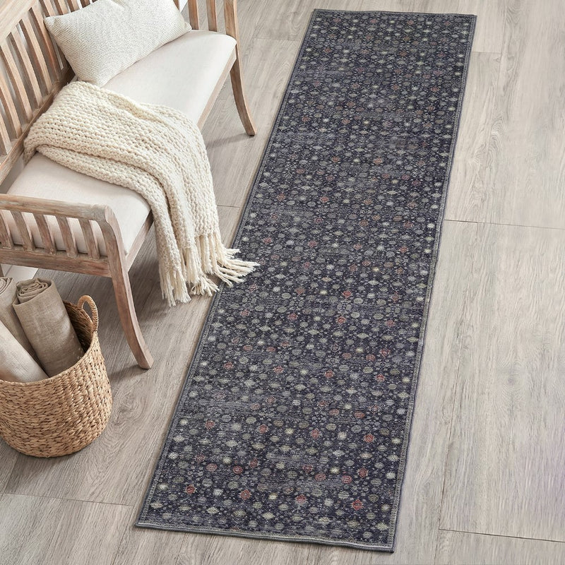 Petunia Distressed All-over Floral Border Non-slip Machine-washable Area Rug
