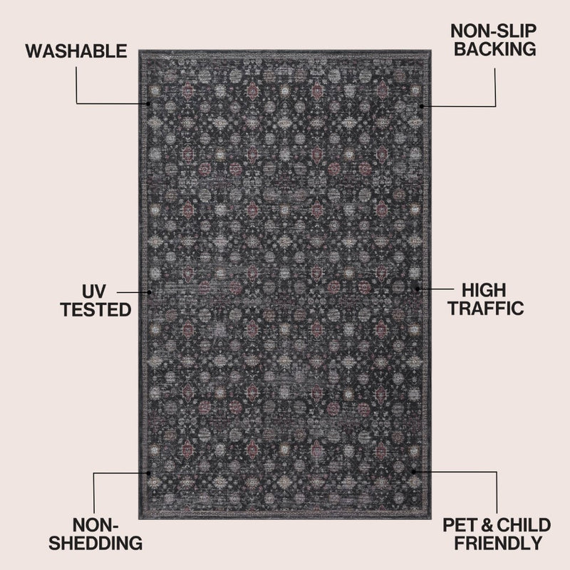 Petunia Distressed All-over Floral Border Non-slip Machine-washable Area Rug