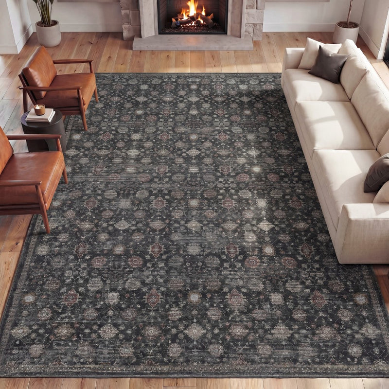 Petunia Distressed All-over Floral Border Non-slip Machine-washable Area Rug