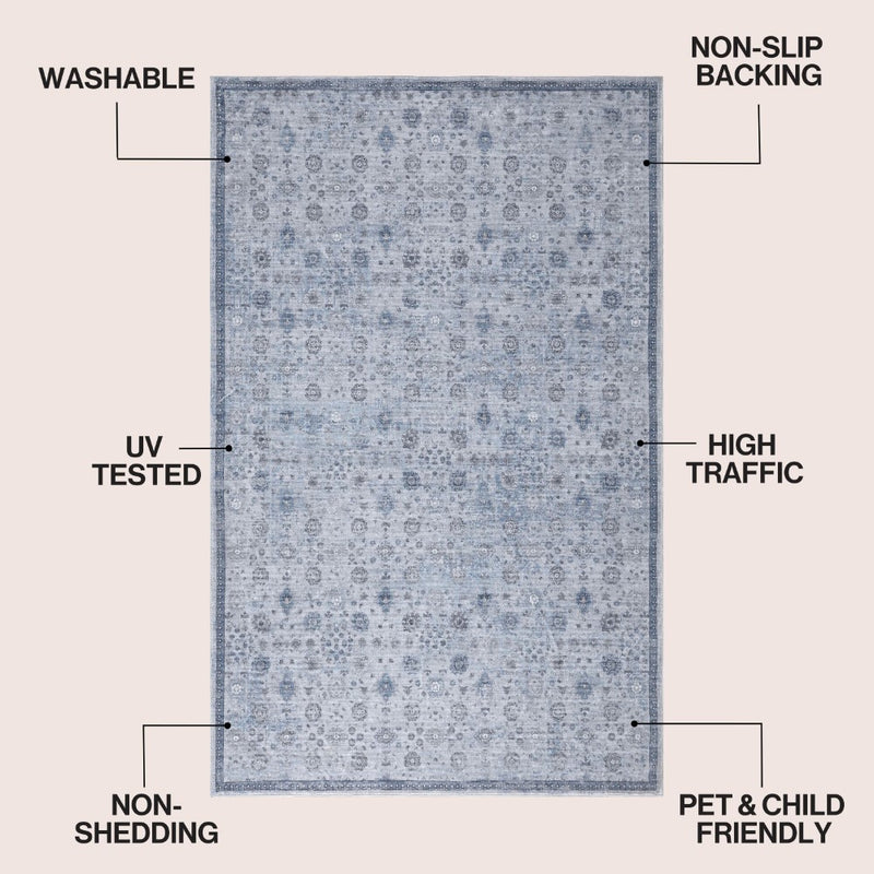 Petunia Distressed All-over Floral Border Non-slip Machine-washable Area Rug