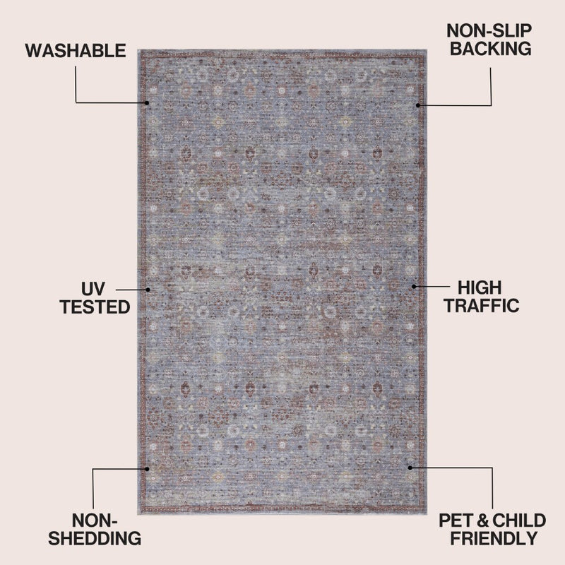 Petunia Distressed All-over Floral Border Non-slip Machine-washable Area Rug