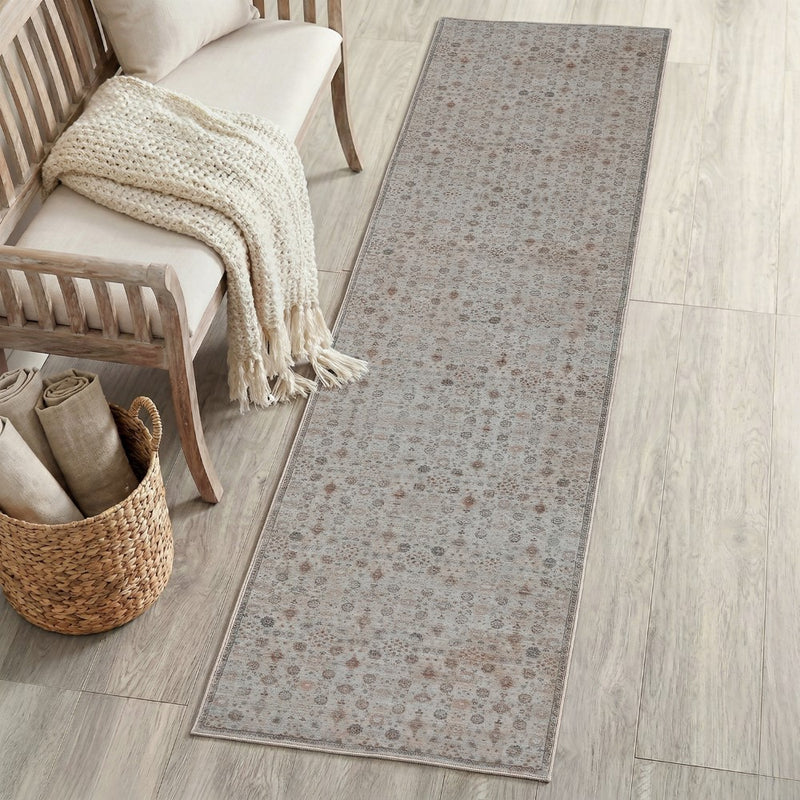 Petunia Distressed All-over Floral Border Non-slip Machine-washable Area Rug