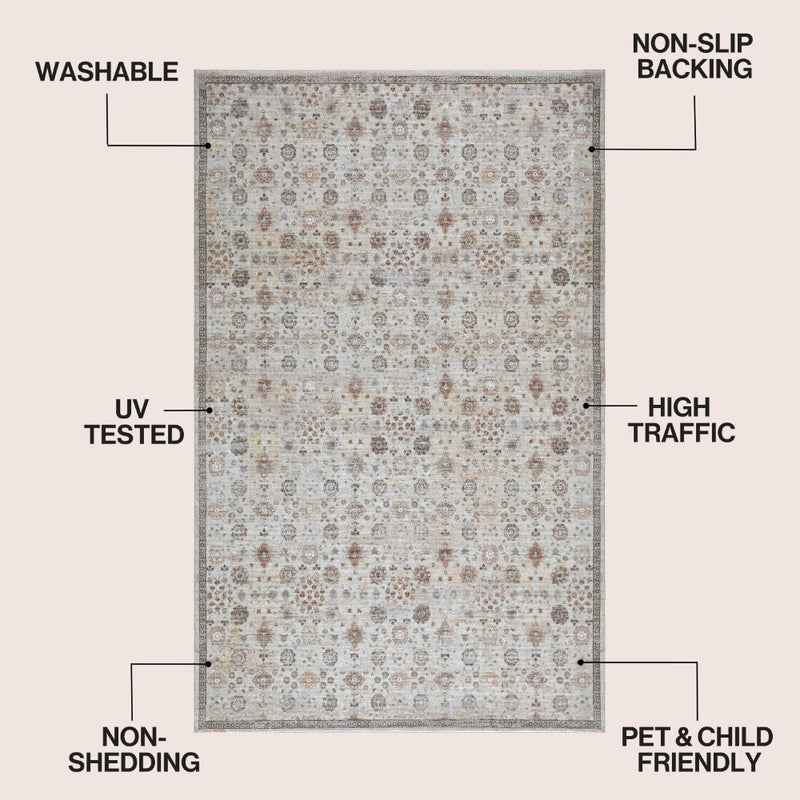 Petunia Distressed All-over Floral Border Non-slip Machine-washable Area Rug