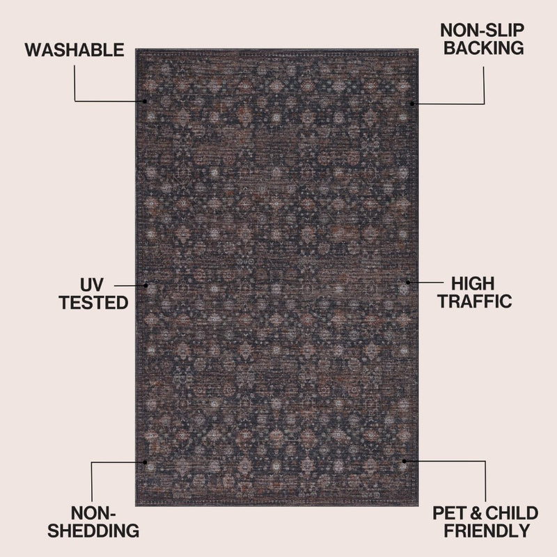 Petunia Distressed All-over Floral Border Non-slip Machine-washable Area Rug