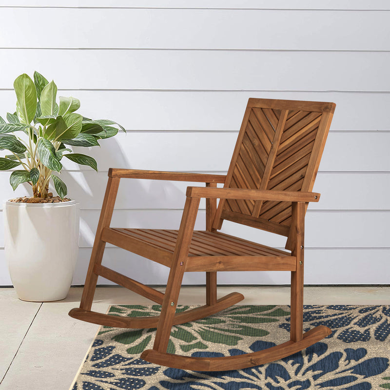 Ned Modern Chevron-Back 300-Lbs Support Acacia Wood Patio Outdoor Rocking Chair - JONATHAN Y