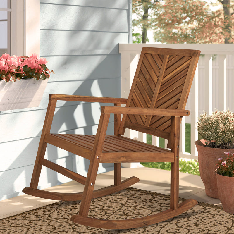 Ned Modern Chevron-Back 300-Lbs Support Acacia Wood Patio Outdoor Rocking Chair - JONATHAN Y