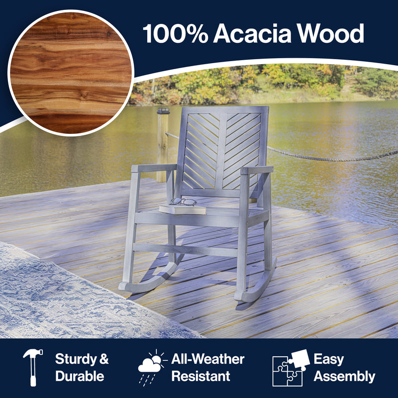 Ned Modern Chevron-Back 300-Lbs Support Acacia Wood Patio Outdoor Rocking Chair
