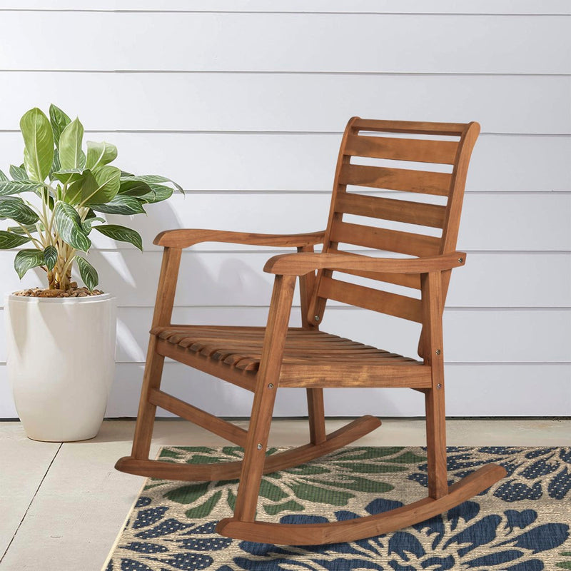 Carey Modern Slat-Back 300-Lbs Support Acacia Wood Patio Outdoor Rocking Chair - JONATHAN Y