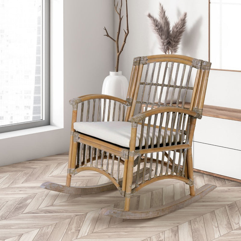 Swayze Bohemian Farmhouse Woven Rattan/Wood Rocking Chair - JONATHAN Y