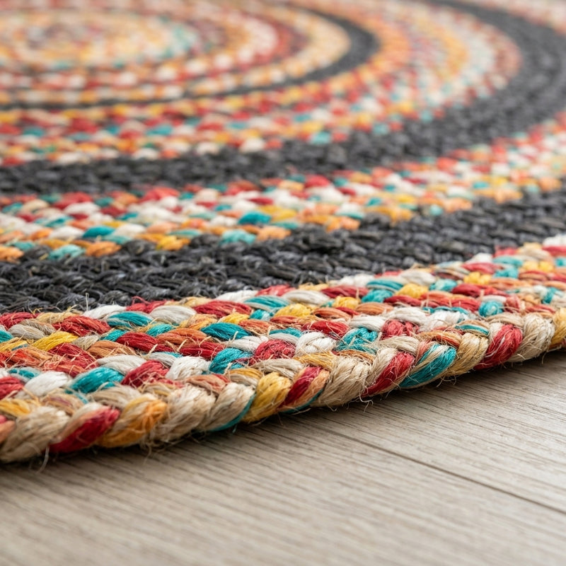 Abyss Braided Bohemian Coastal Round Jute Area Rug White/Multi / Round / 6' Round – DETAIL