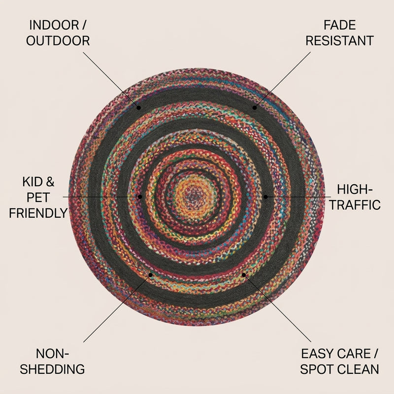 Abyss Braided Bohemian Coastal Round Jute Area Rug White/Multi / Round / 6' Round – ICONS