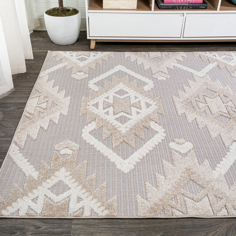 Sumak High-low Pile Neutral Diamond Kilim Area Rug