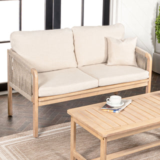 Arwen Modern Bohemian Roped Acacia Wood Outdoor Loveseat with Cushions