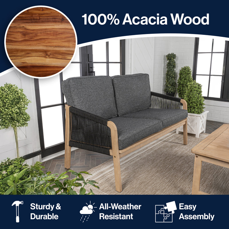 Arwen Modern Bohemian Roped Acacia Wood Outdoor Loveseat with Cushions