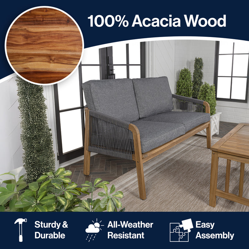 Arwen Modern Bohemian Roped Acacia Wood Outdoor Loveseat with Cushions